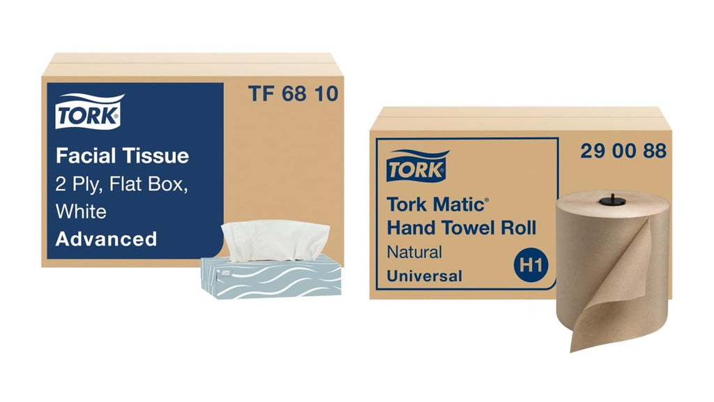 Natural Paper Hand Towel Roll and White 2-Ply Facial Tissue Y62907