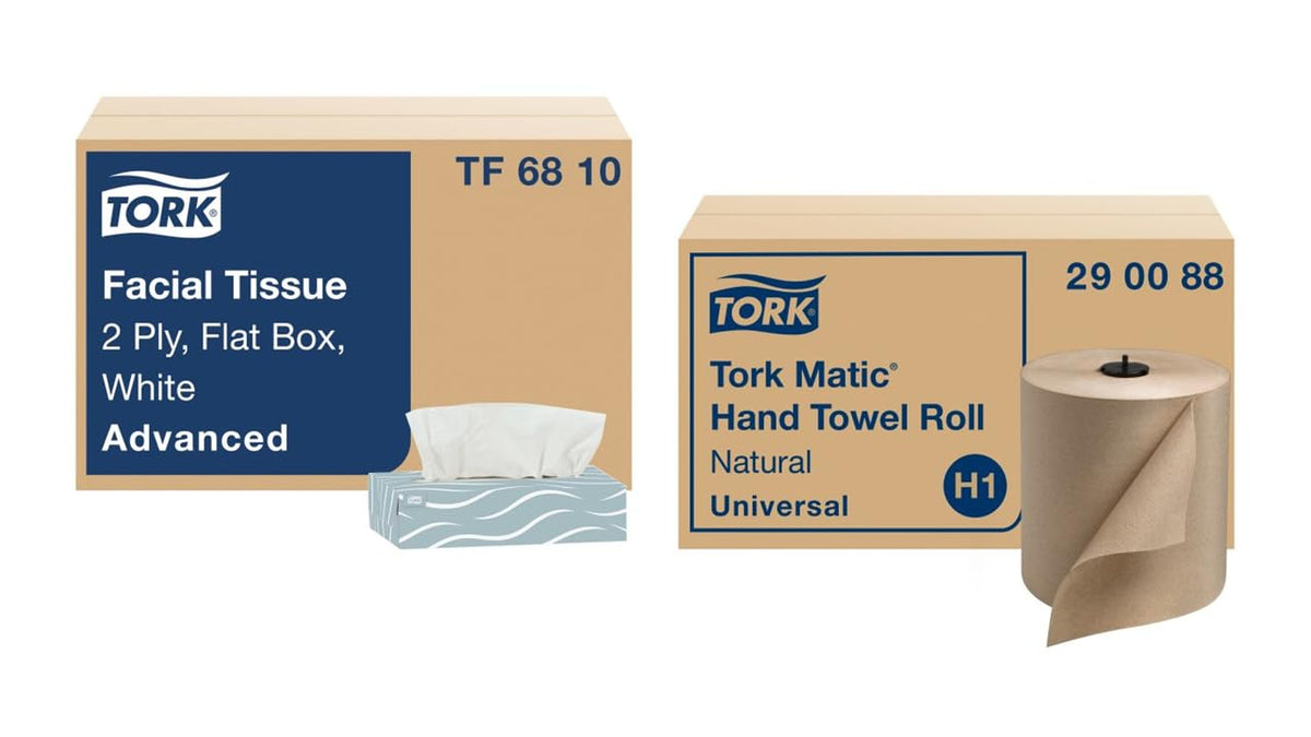 Natural Paper Hand Towel Roll and White 2-Ply Facial Tissue Y62907