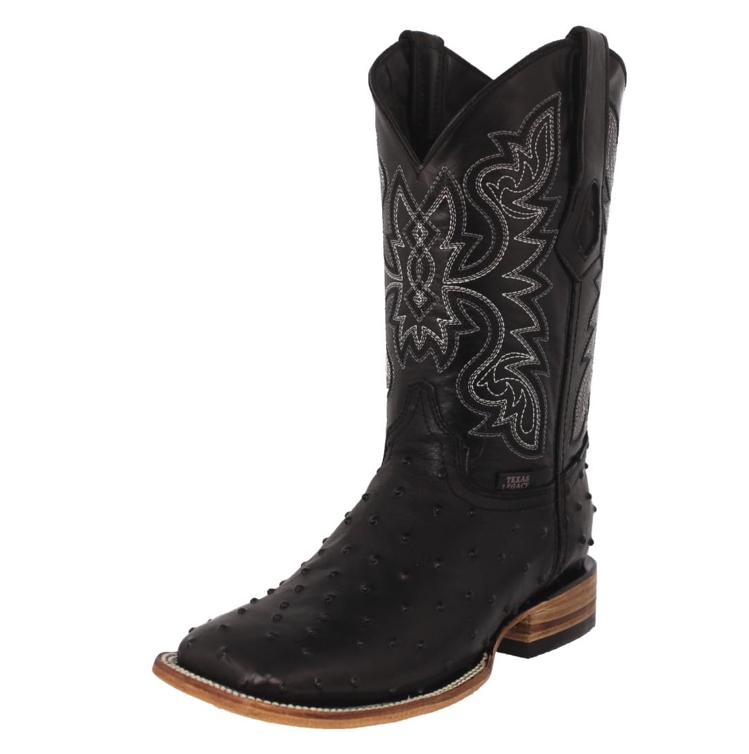 Black Ostrich Quill Print Leather Square Toe Cowboy Boots T8724