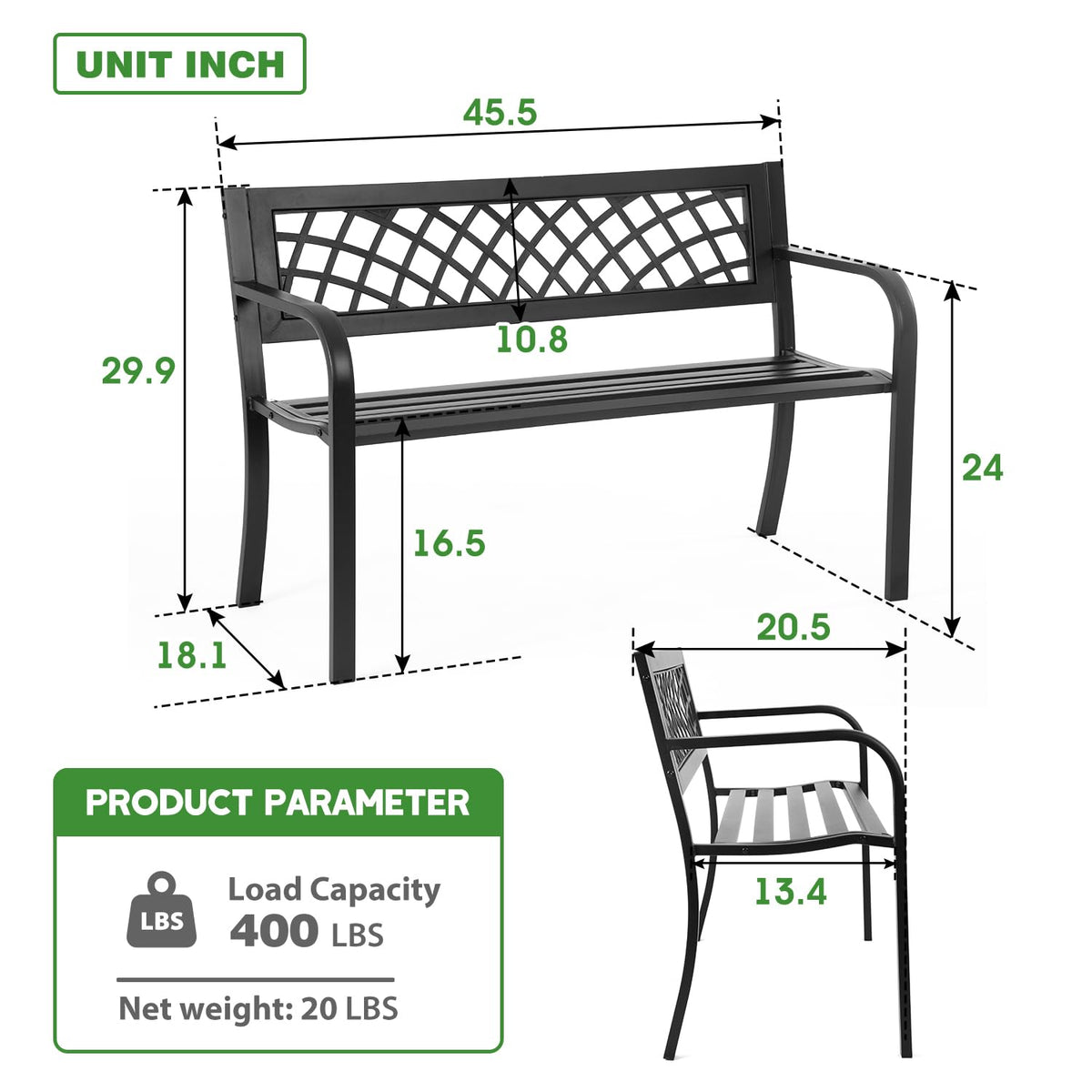 Black Metal Garden Bench with Plastic Backrest and Armrests O2937