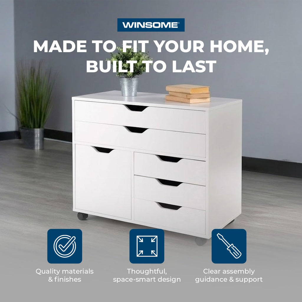 White Mobile Storage Cabinet with 1 Door & 5 Drawers P61567