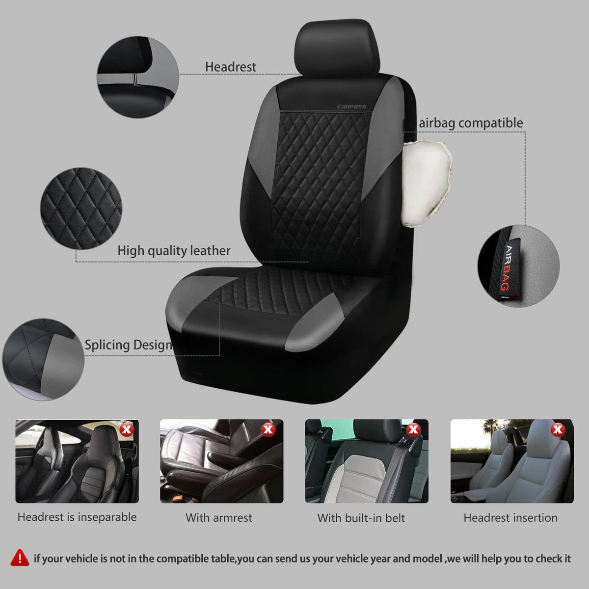 Gray Quilting Leather Full Set Car Seat Covers T9897