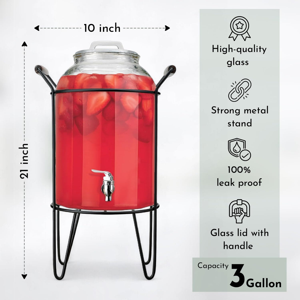 3 Gallon Glass Beverage Dispenser with Glass Lid and Metal Stand T240279