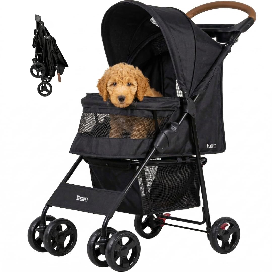 Foldable Pet Stroller with Mesh, Storage Basket & Cup Holder X37898