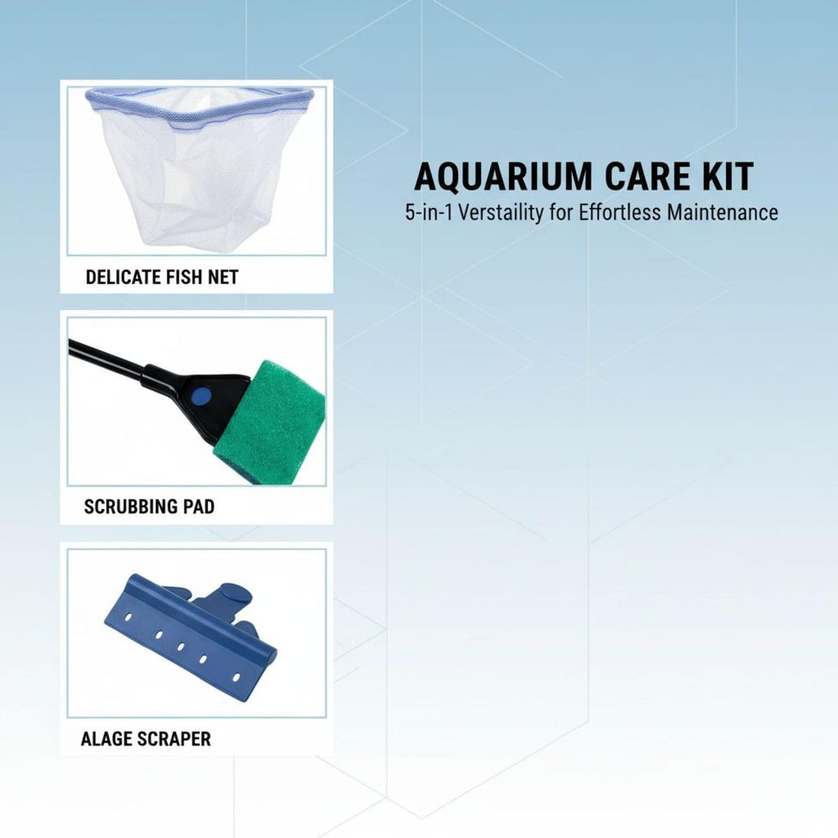5-in-1 Aquarium Cleaning Kit with Algae Scraper Gravel Rake Fish Net Plant Clamp Brush E781941