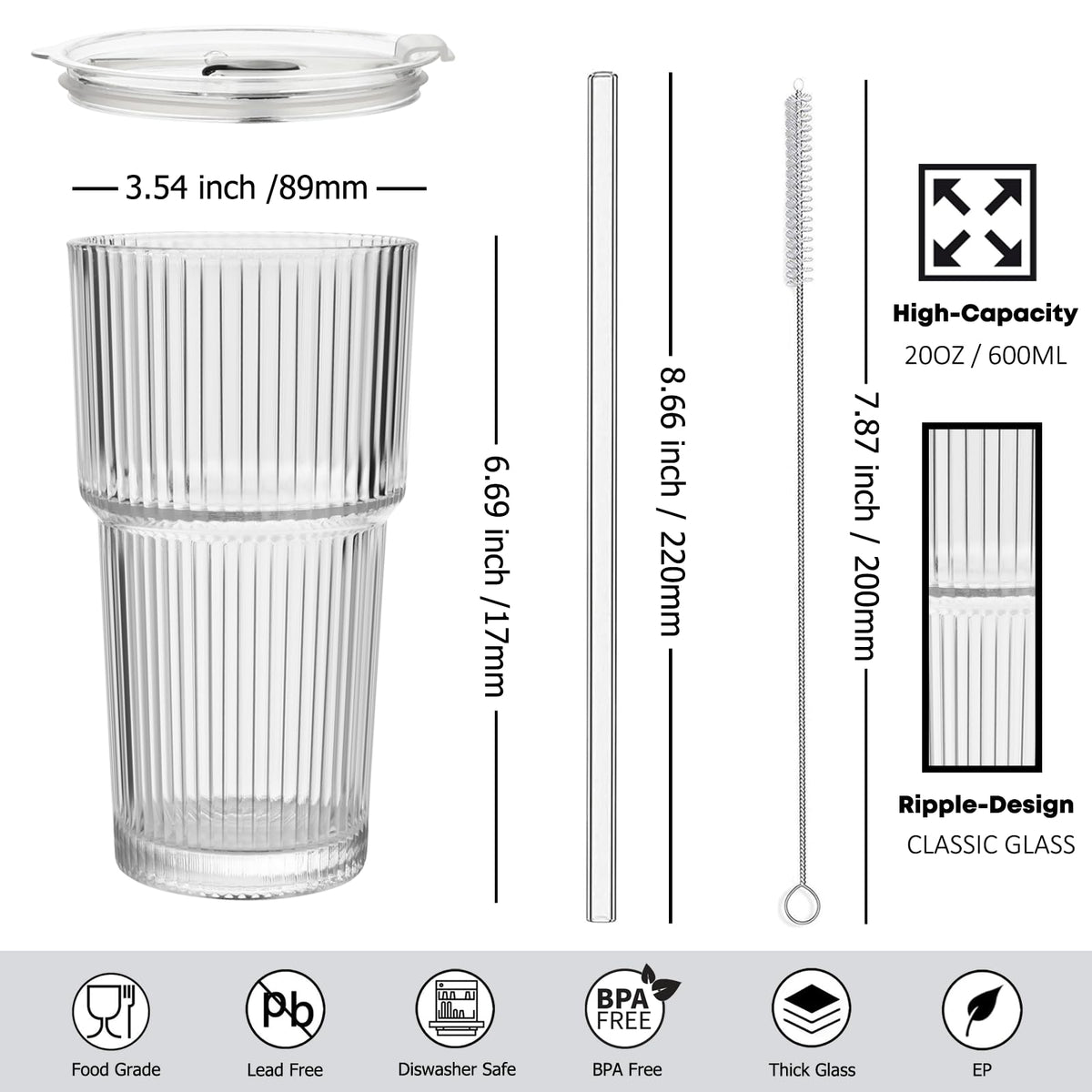 20 oz Ribbed Glass Tumbler with Lids and Straws, Pack of 2 A6333