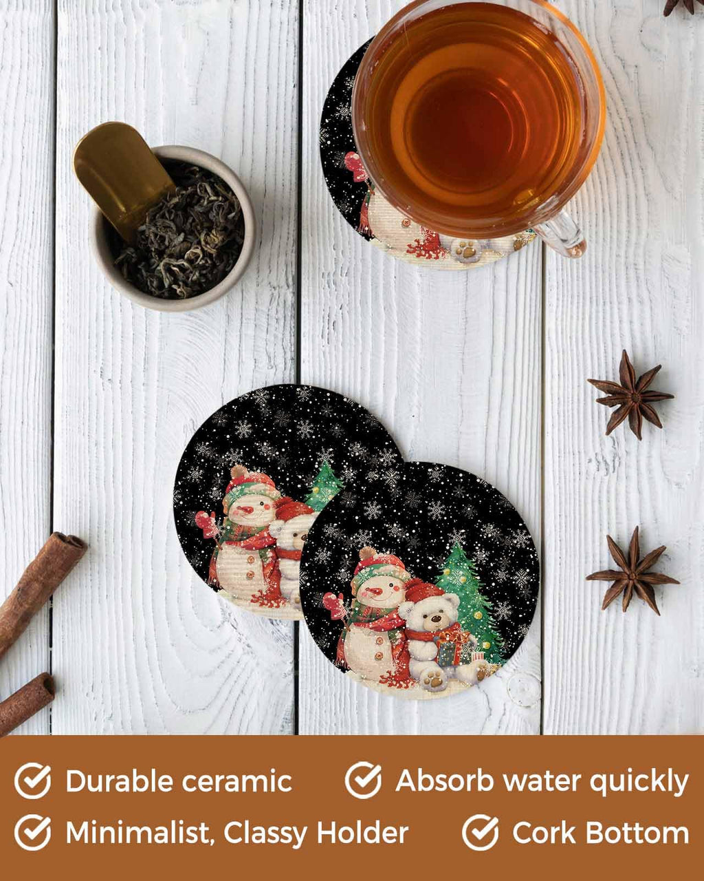 Black Retro Linen Ceramic Stone Coasters Set of 6 with Holder D347