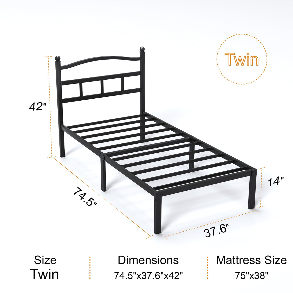 14 Inch Twin Size Metal Platform Bed Frame with Headboard N6022
