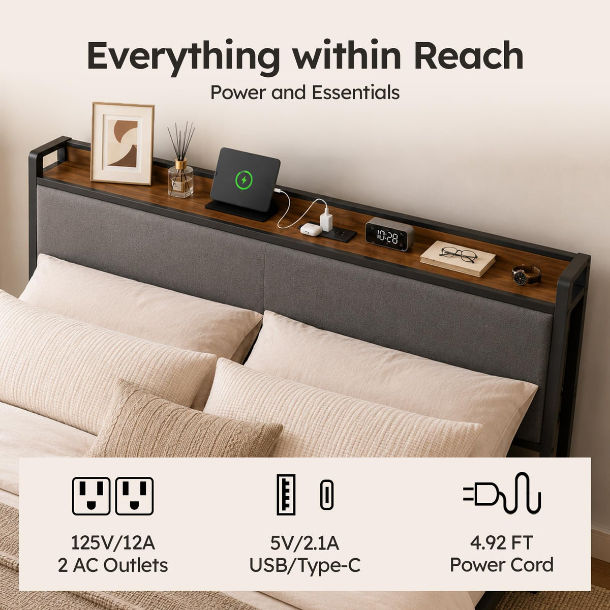 Queen Size Bed Frame with Storage Headboard J67336