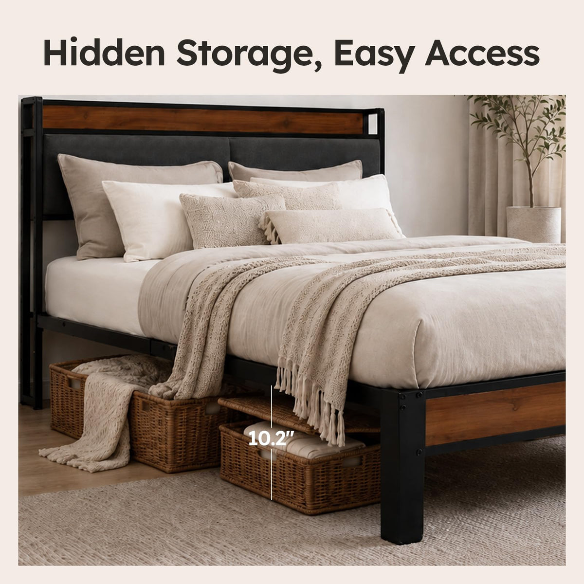 Queen Size Bed Frame with Storage Headboard J67336