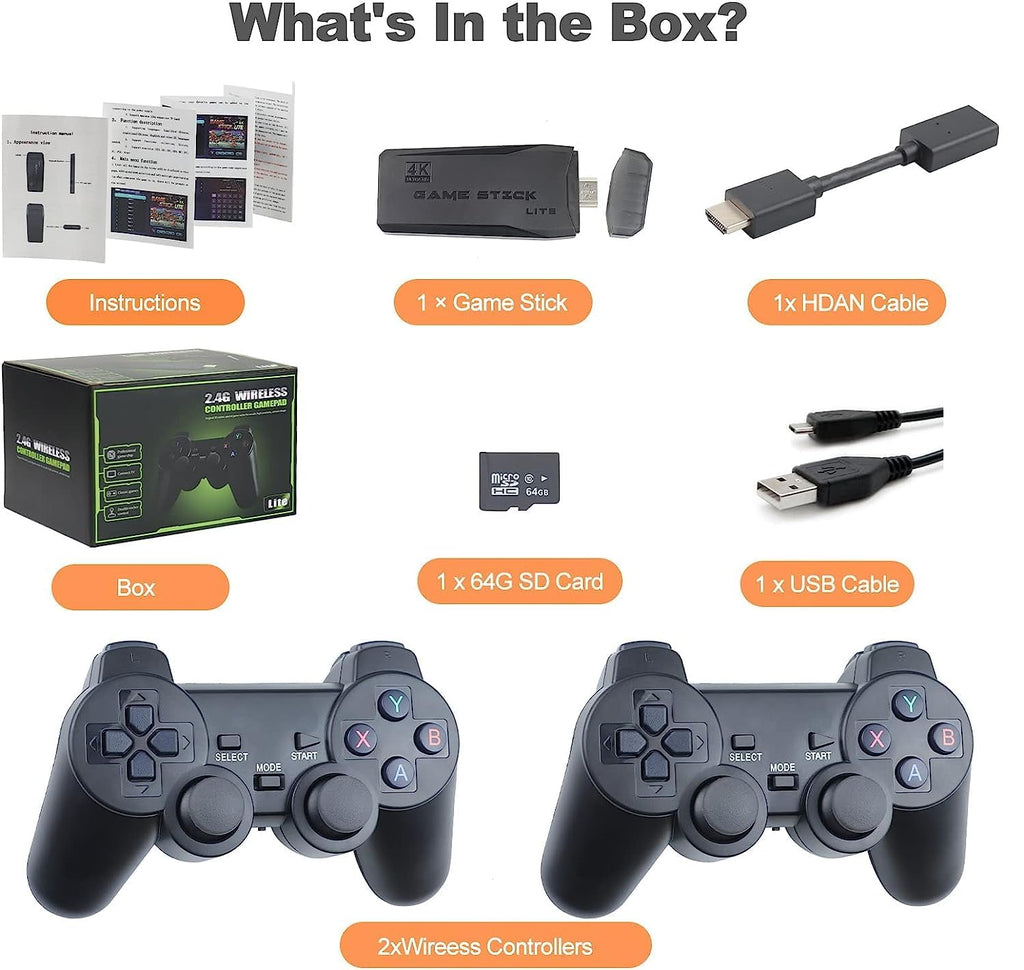 Plug and Play Retro Game Console with 4K HDMI Output, 2.4G Wireless Controllers, 64GB Memory Card F841