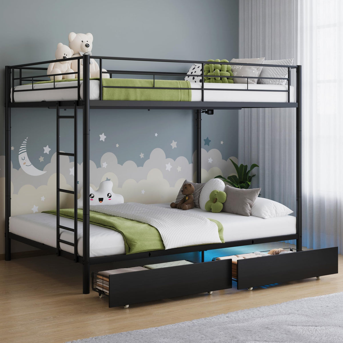 Black Twin Over Twin Metal Bunk Bed with LED Lights, USB Charging Station, 2 Drawers, Guard Rails & Ladder B967489