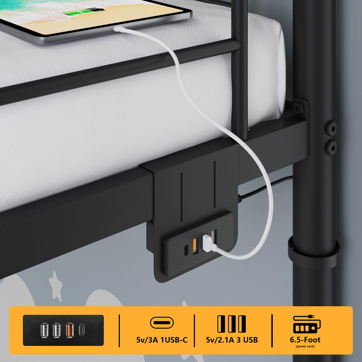 Black Twin Over Twin Metal Bunk Bed with LED Lights, USB Charging Station, 2 Drawers, Guard Rails & Ladder B967489