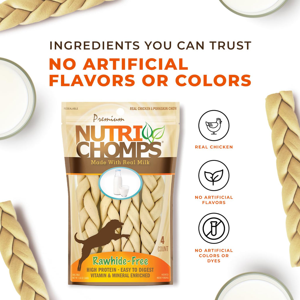 Rawhide Free Dog Chews, Milk Flavor, 6in Braids, 4ct F4298