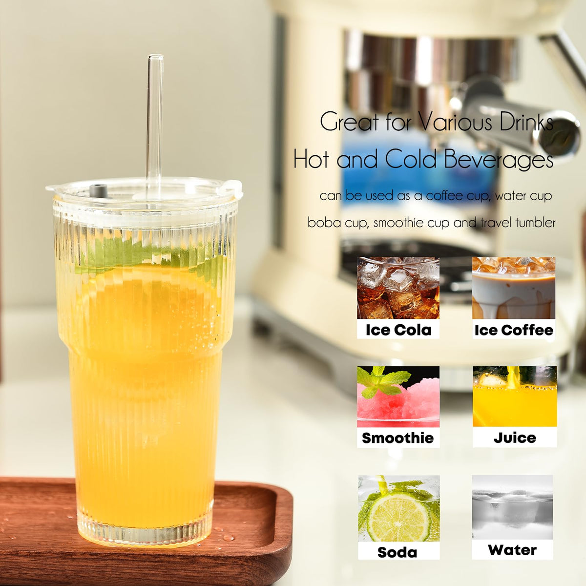 20 oz Ribbed Glass Tumbler with Lids and Straws, Pack of 2 A6333