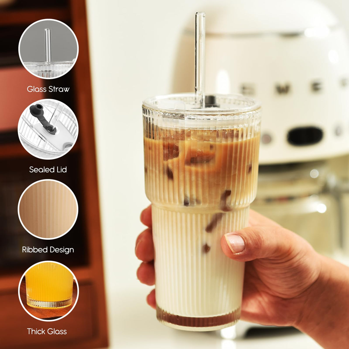 20 oz Ribbed Glass Tumbler with Lids and Straws, Pack of 2 A6333
