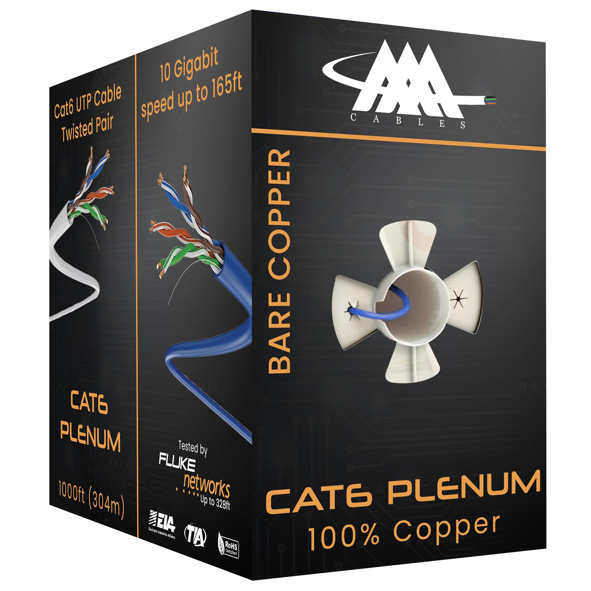 Cat6 Plenum Cable 1000Ft Bare Copper 23AWG Blue S390325
