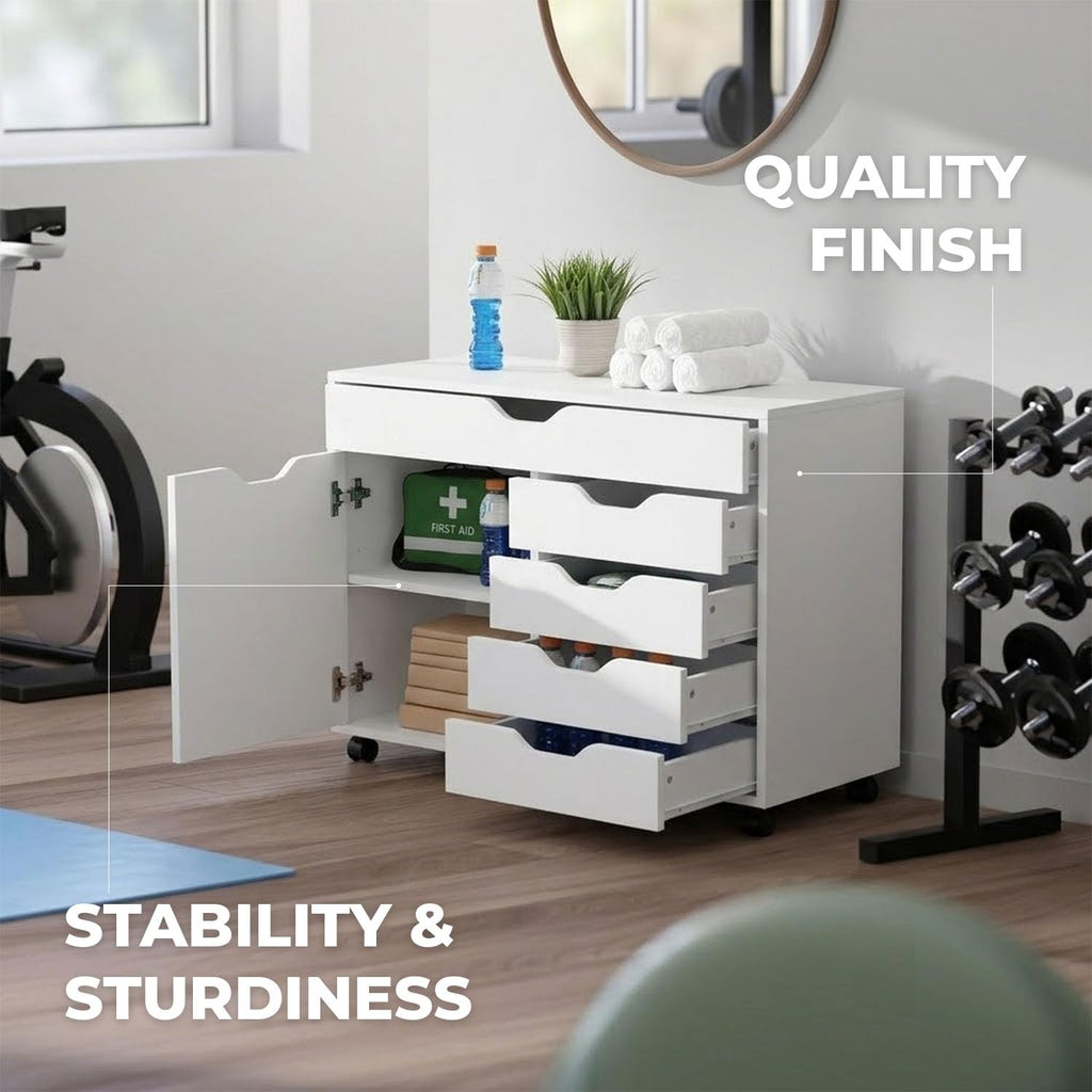 White Mobile Storage Cabinet with 1 Door & 5 Drawers P61567