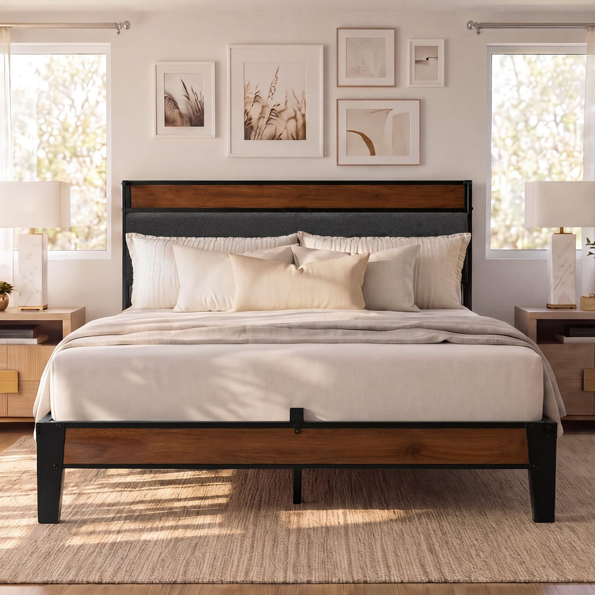 Queen Size Bed Frame with Storage Headboard J67336