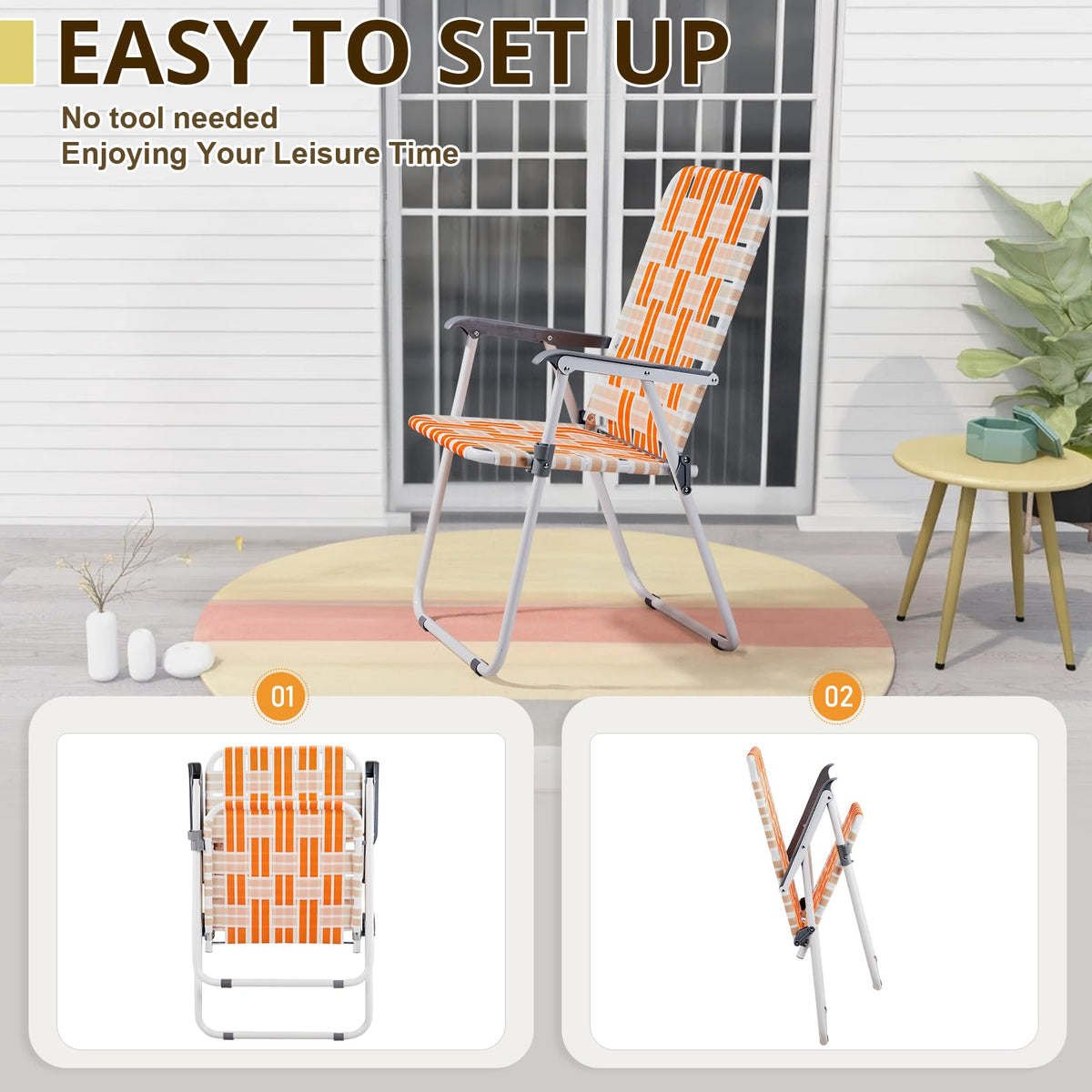 Orange & White Set of 2 Webbed Folding Beach Chairs W704