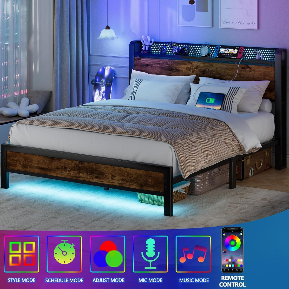 Full Bed Frame with Headboard and LED Lights I910