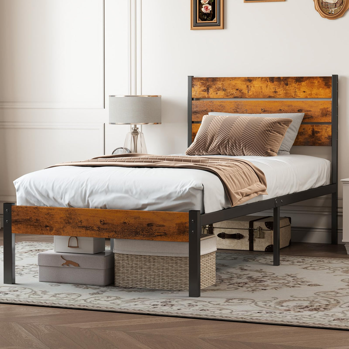 Twin Platform Bed Frame with Wooden Headboard and Footboard U509146