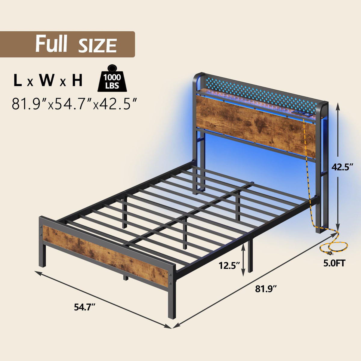 Full Bed Frame with Headboard and LED Lights I910