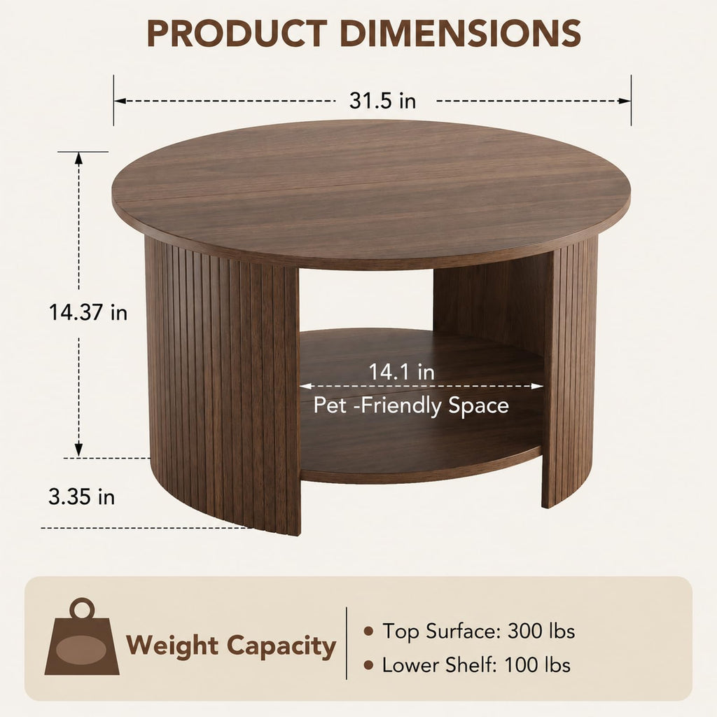 Round Coffee Table with Storage, 31.5" Modern Fluted 2-Tier Wood Coffee Table F492