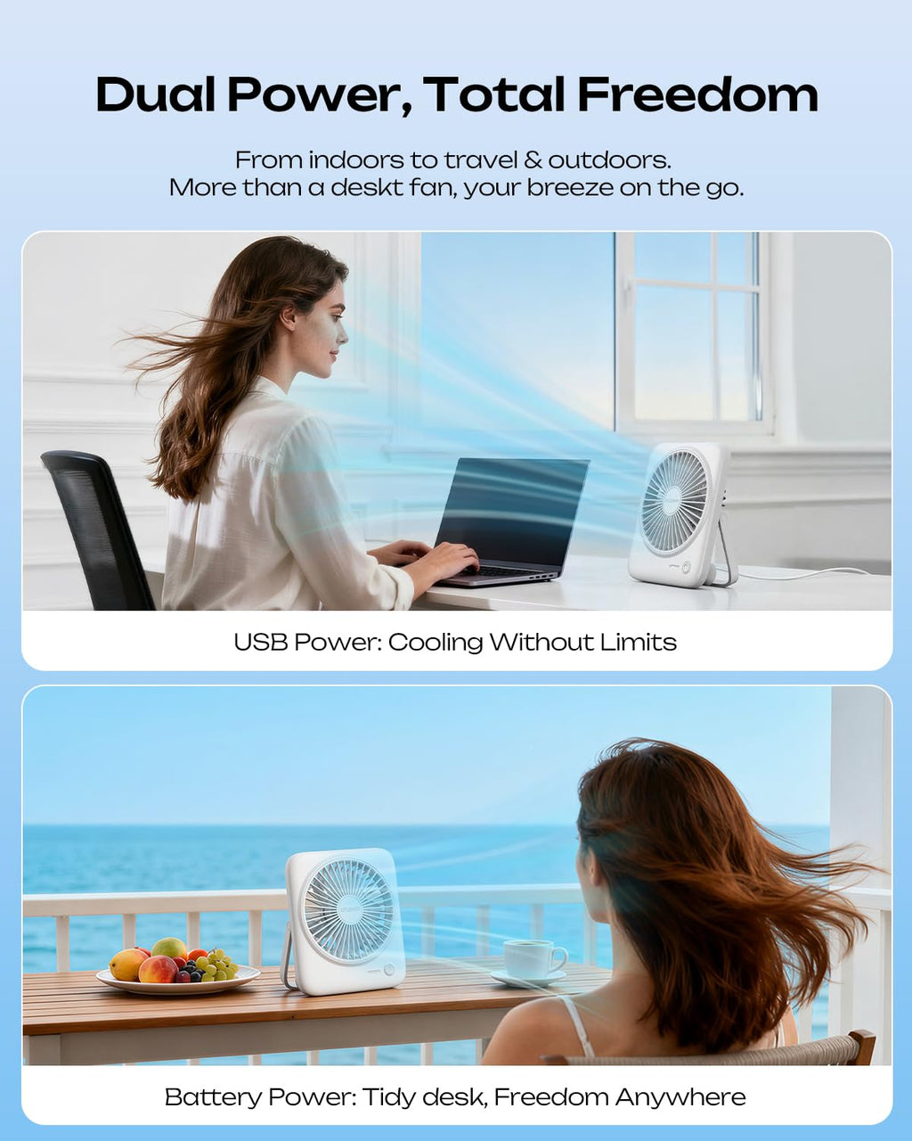 Portable Rechargeable Desk Fan 4000mAh 4-Speed 6.5 Inch White E3524