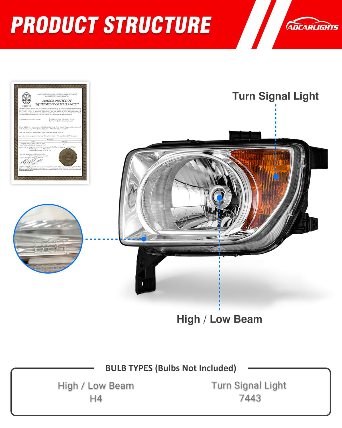 Honda Element 2003-2006 Headlight Assembly Chrome Housing Amber Reflector Driver and Passenger Side B326256