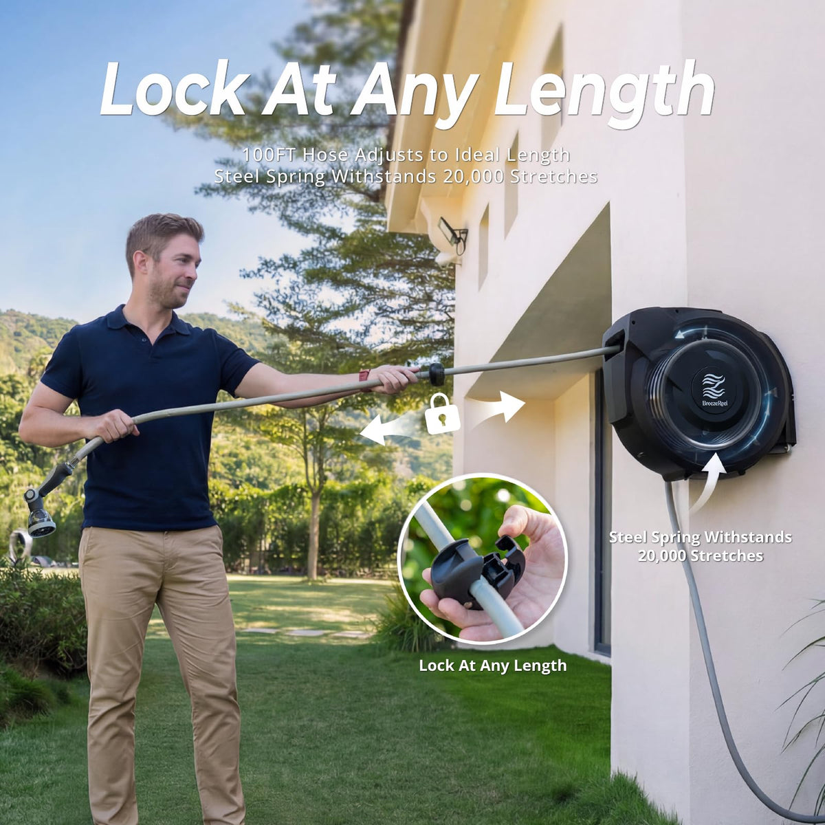 Retractable Garden Hose Reel, 5/8 in x 100ft, Auto Rewind P779