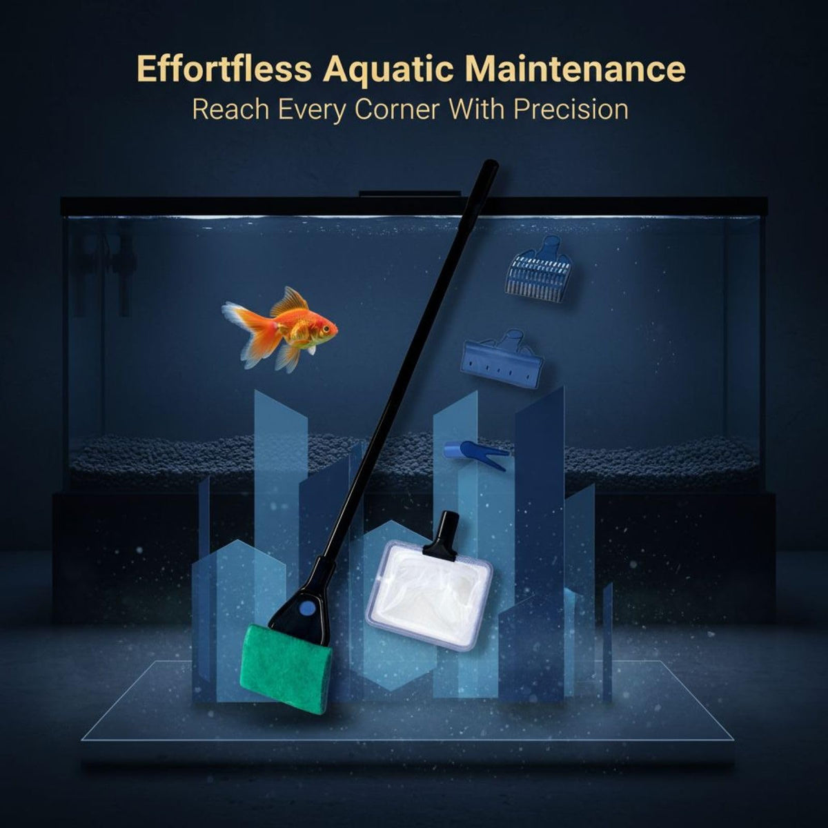 5-in-1 Aquarium Cleaning Kit with Algae Scraper Gravel Rake Fish Net Plant Clamp Brush E781941