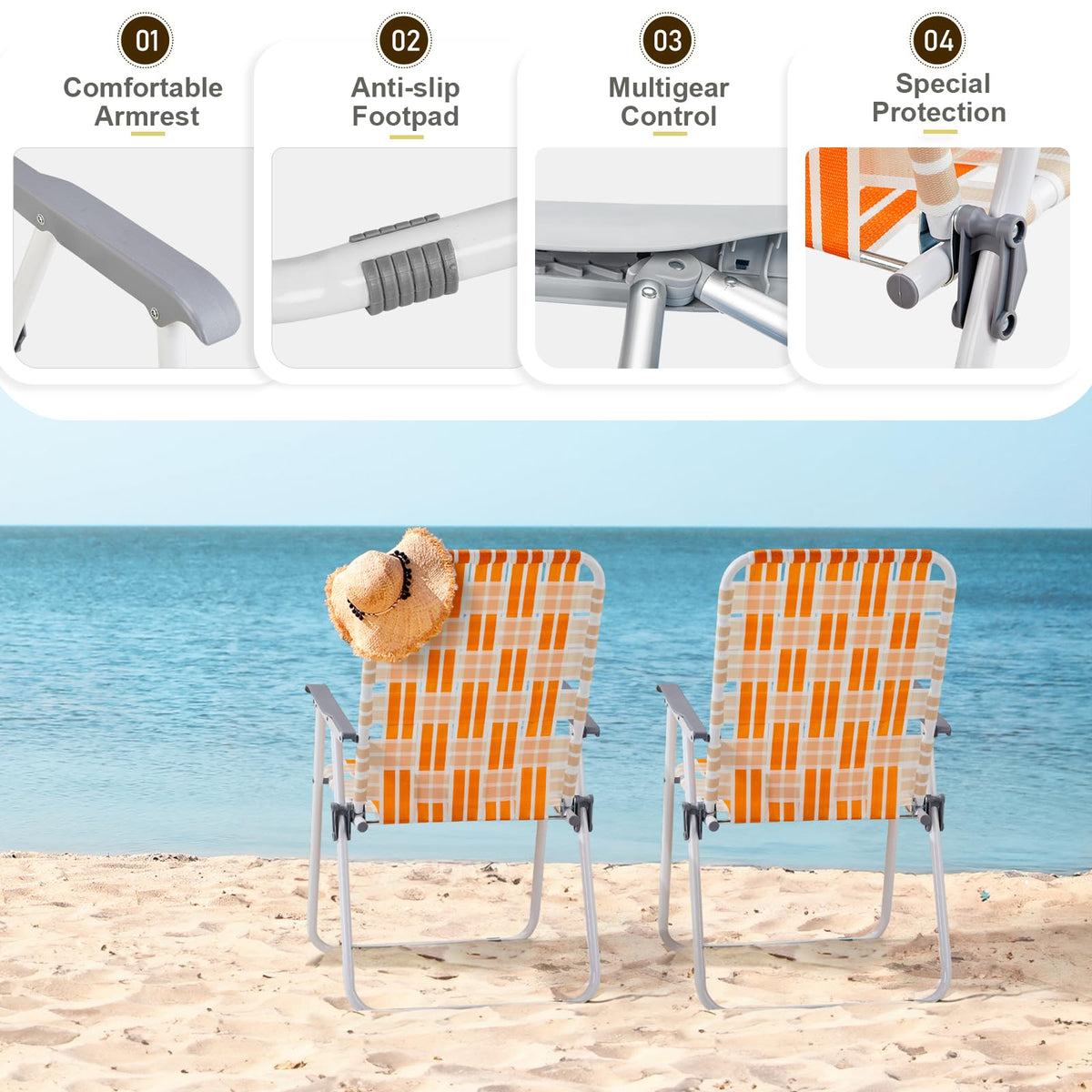 Orange & White Set of 2 Webbed Folding Beach Chairs W704