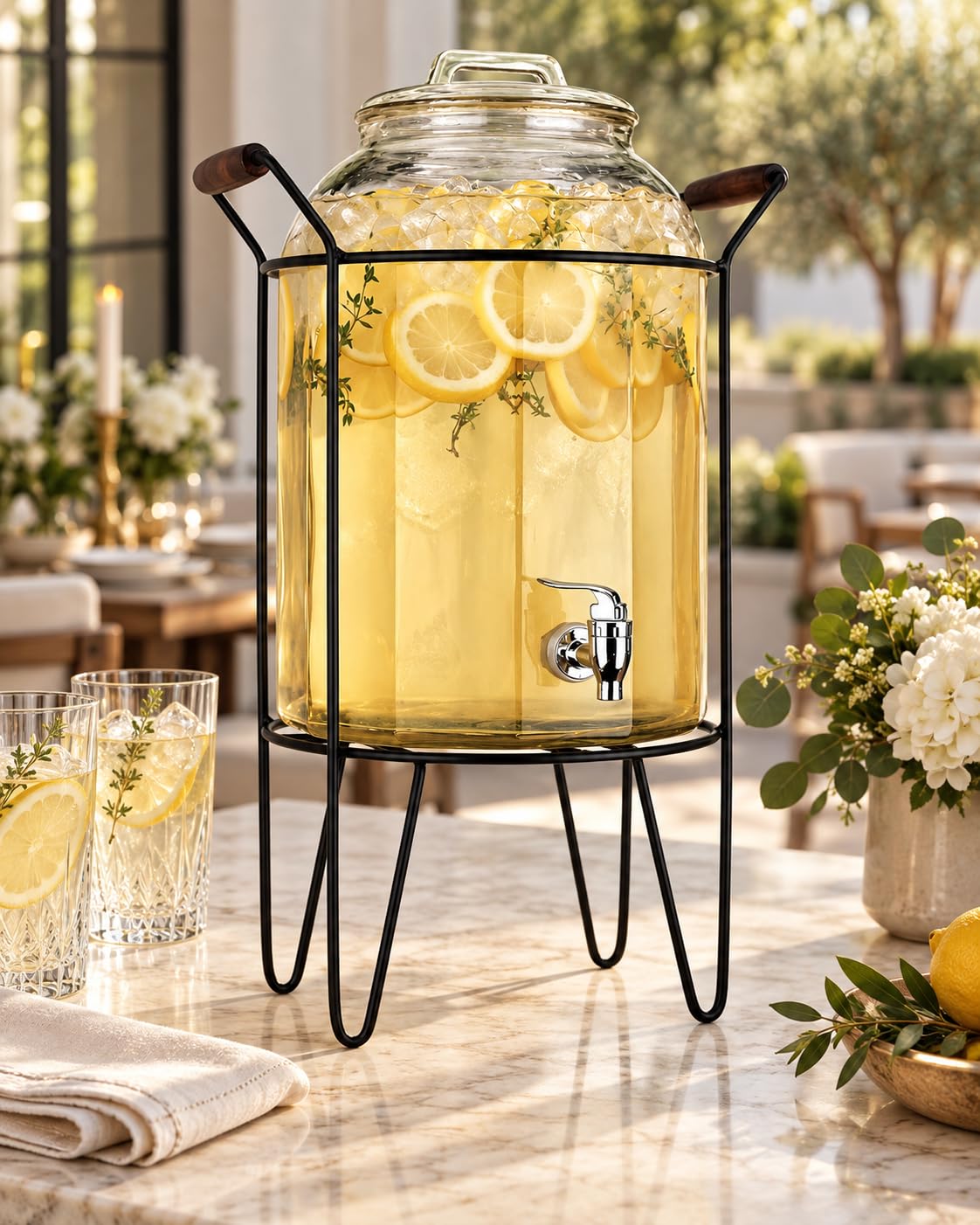3 Gallon Glass Beverage Dispenser with Glass Lid and Metal Stand T240279