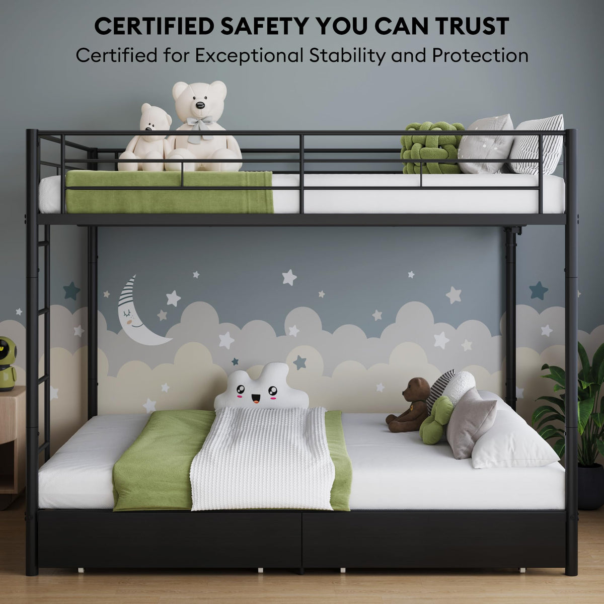Black Twin Over Twin Metal Bunk Bed with LED Lights, USB Charging Station, 2 Drawers, Guard Rails & Ladder B967489