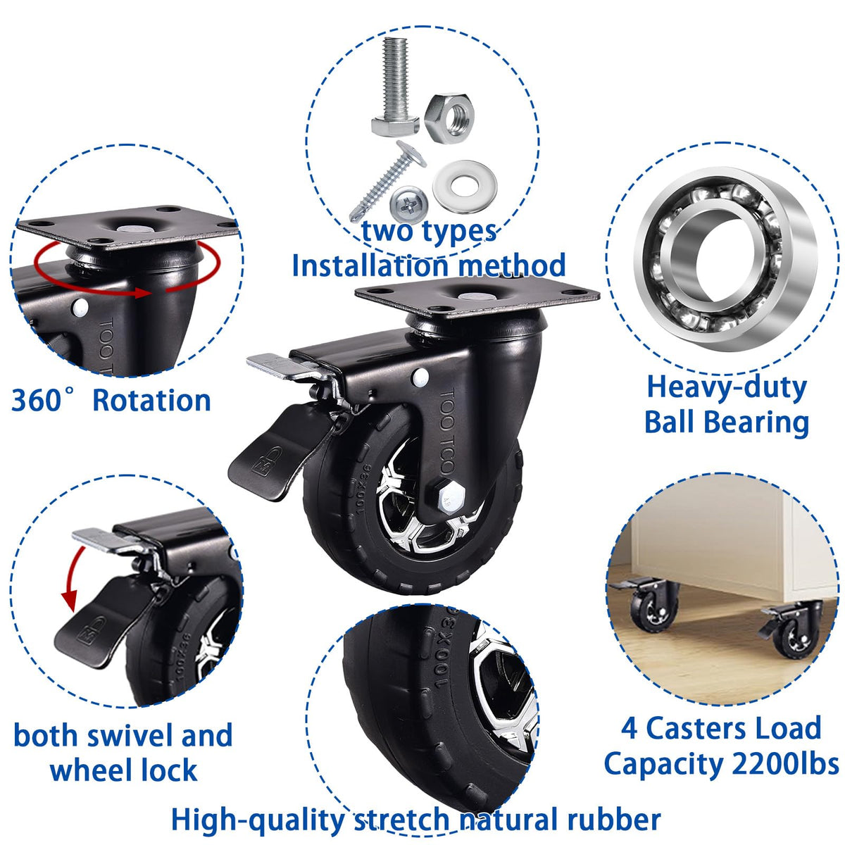4 Inch Heavy Duty Rubber Caster Wheels Set of 4 with Locking M7090