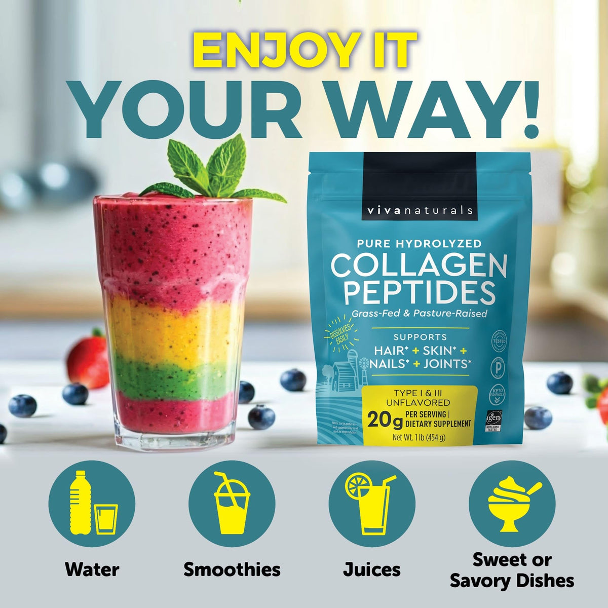 Collagen Peptides Powder - Grass-Fed Hydrolyzed Bovine, Type I & III - 19 g Protein, Unflavored - 1lb N850114