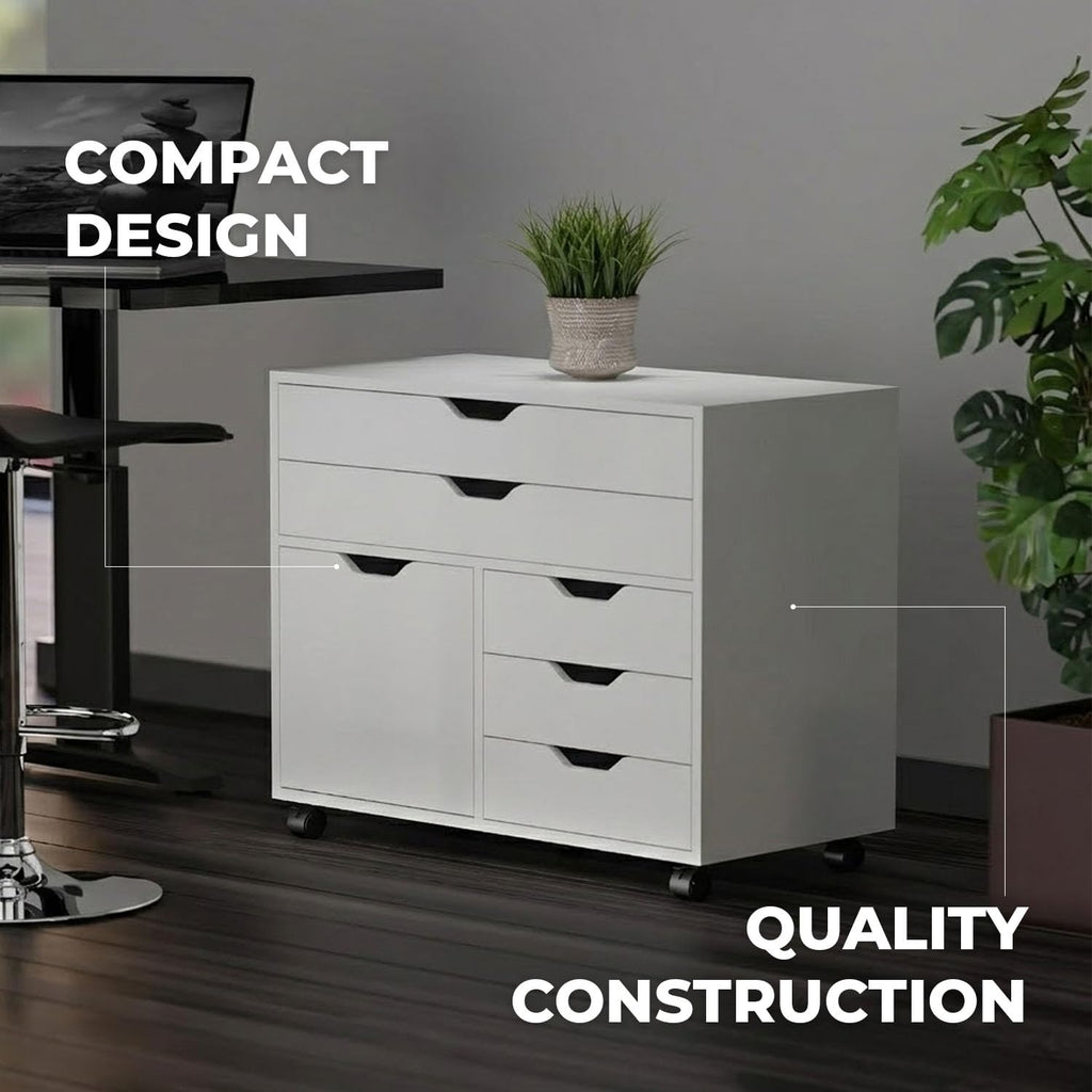 White Mobile Storage Cabinet with 1 Door & 5 Drawers P61567