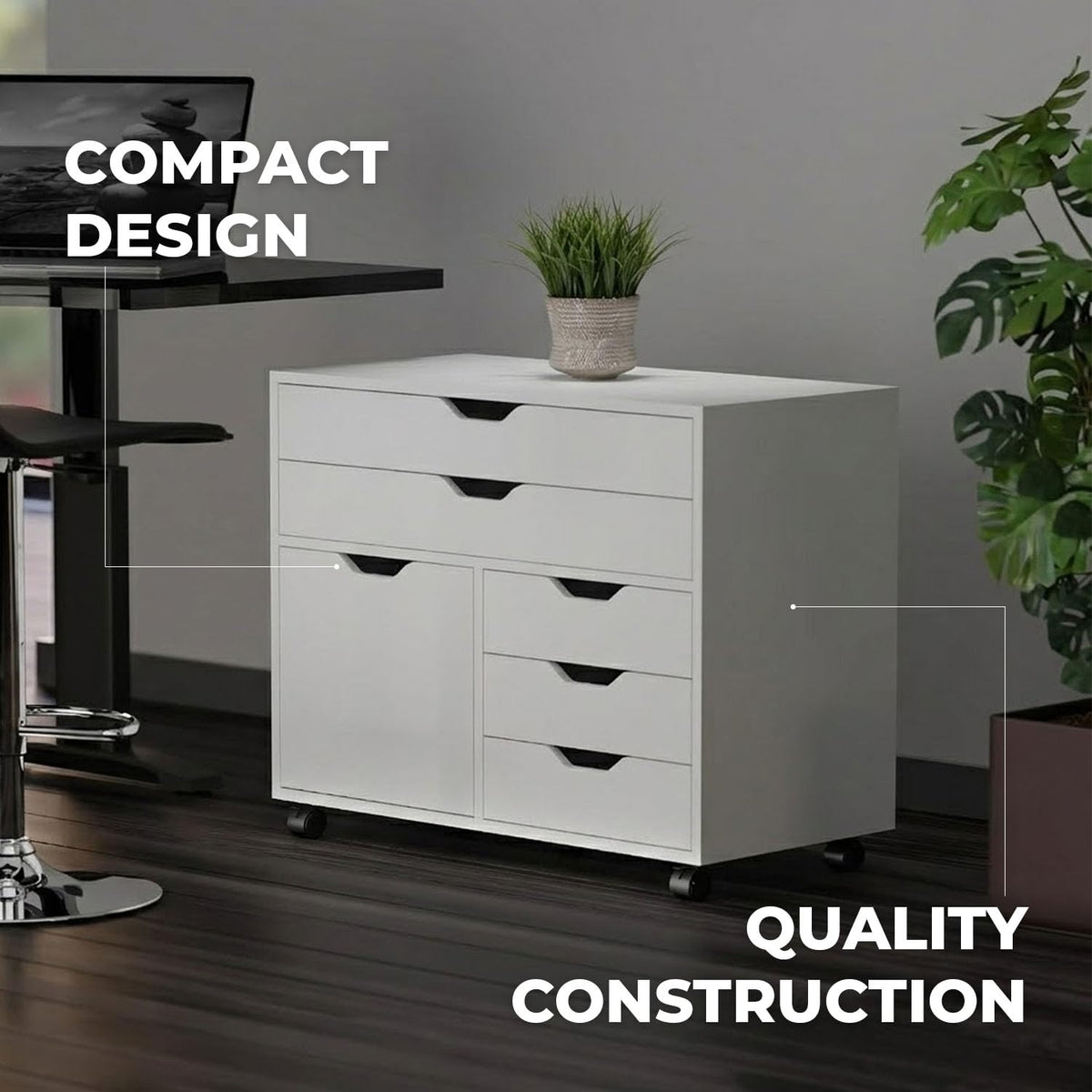 White Mobile Storage Cabinet with 1 Door & 5 Drawers P61567
