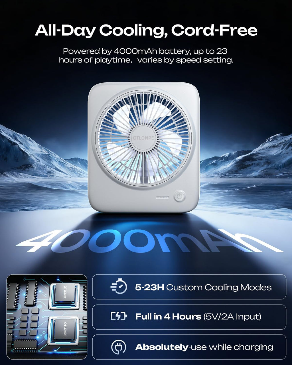 Portable Rechargeable Desk Fan 4000mAh 4-Speed 6.5 Inch White E3524