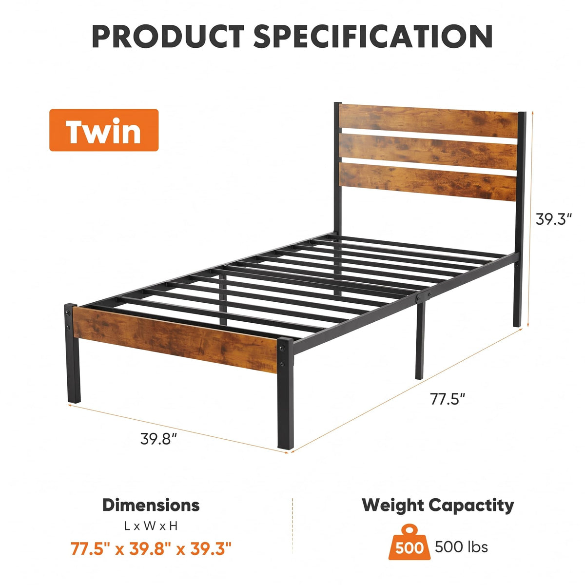 Twin Platform Bed Frame with Wooden Headboard and Footboard U509146