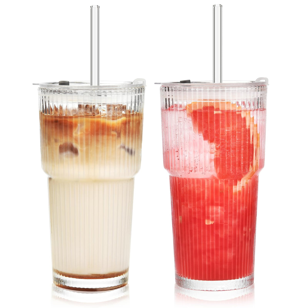 20 oz Ribbed Glass Tumbler with Lids and Straws, Pack of 2 A6333