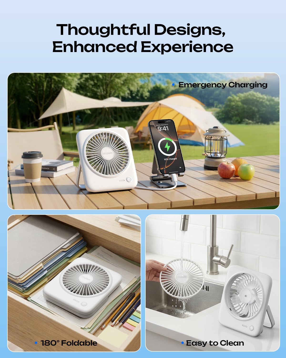 Portable Rechargeable Desk Fan 4000mAh 4-Speed 6.5 Inch White E3524