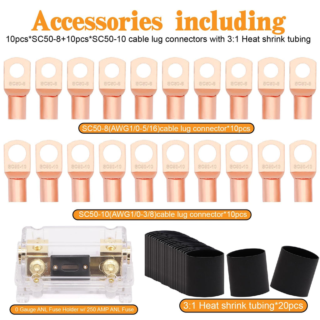 0 Gauge Battery Cable with 250A Fuse Holder & Terminals Kit E210