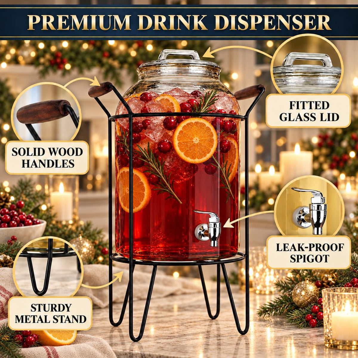 3 Gallon Glass Beverage Dispenser with Glass Lid and Metal Stand T240279