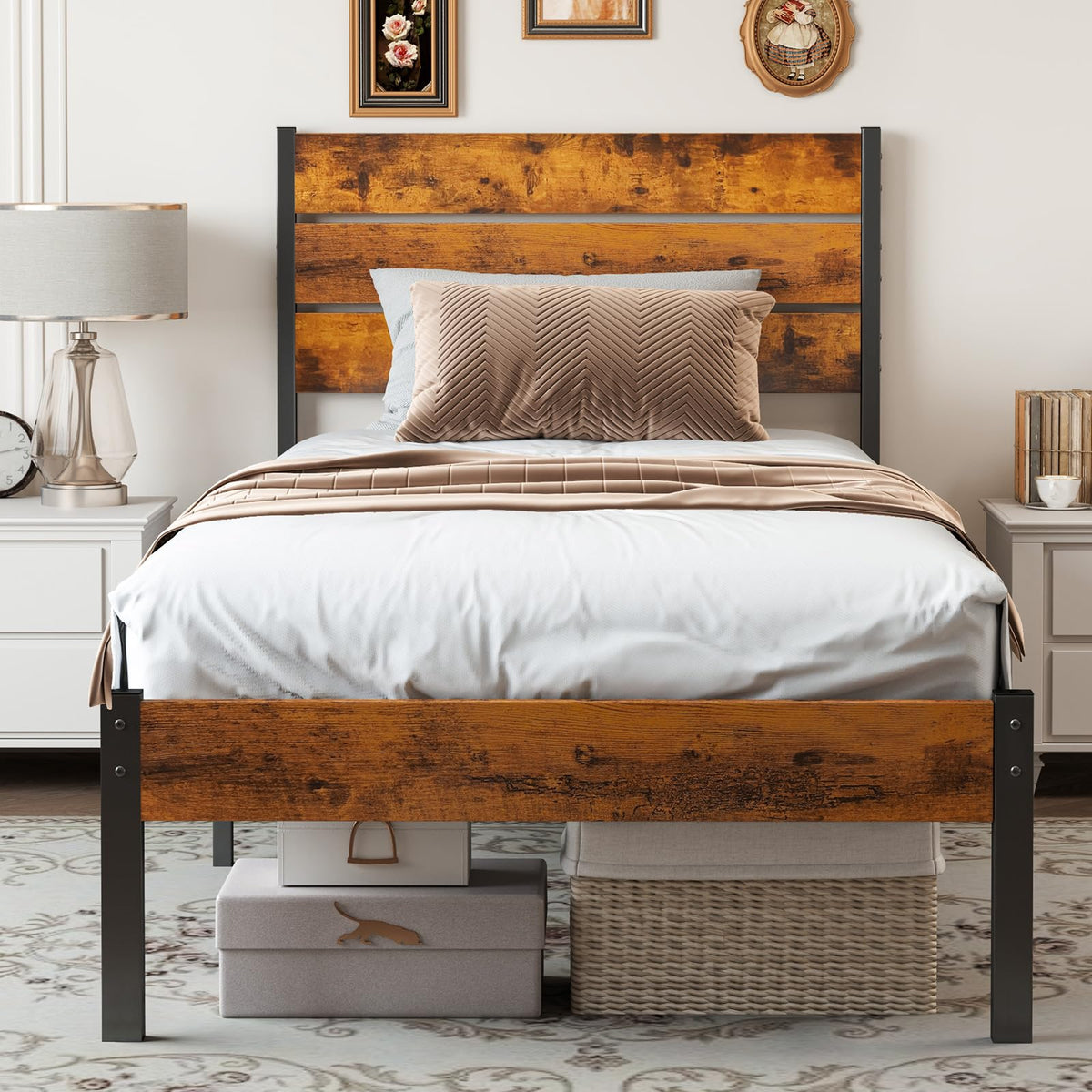 Twin Platform Bed Frame with Wooden Headboard and Footboard U509146