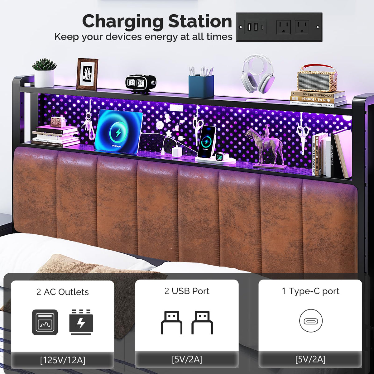 Full Size Faux PU Leather Upholstered Headboard with Charging Stations C108615