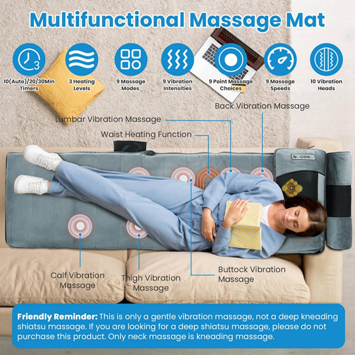 Full Body Electric Heating Vibration Massage Mat Cushion D296