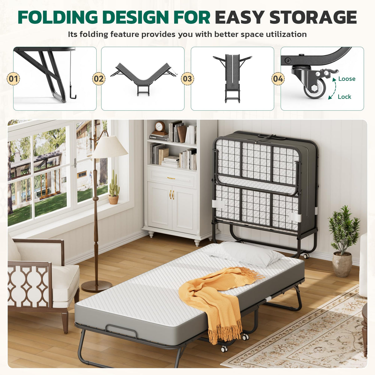 Folding Bed with 5 Inch Mattress, Twin Size L365325