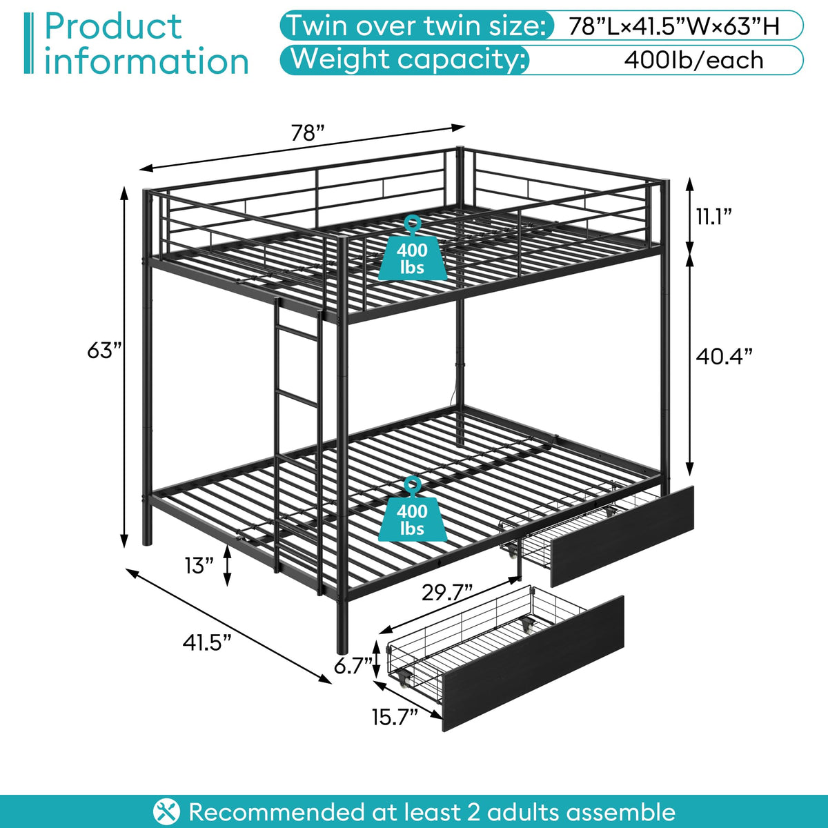 Black Twin Over Twin Metal Bunk Bed with LED Lights, USB Charging Station, 2 Drawers, Guard Rails & Ladder B967489